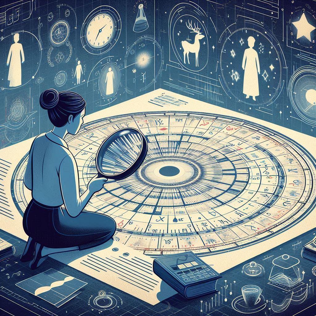 An illustration of a woman with a magnifying glass searching for insights on her the birth chart