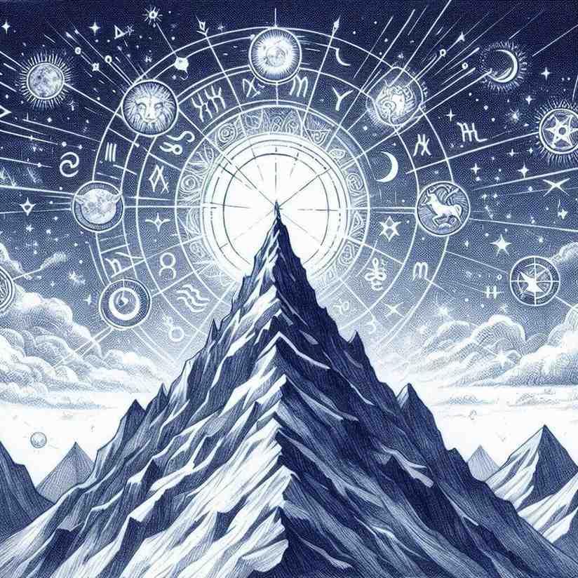 Illustration of a person climbing a mountain with constellation patterns forming a path above, symbolizing the Midheaven's guidance